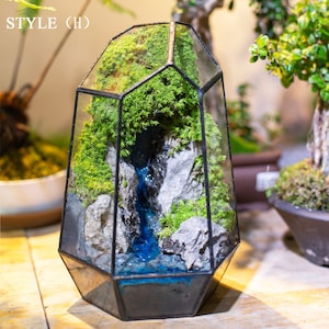 May include: A glass terrarium with a geometric shape, featuring a miniature landscape with moss, rocks, and a blue resin waterfall. The terrarium is labeled "STYLE (H)".