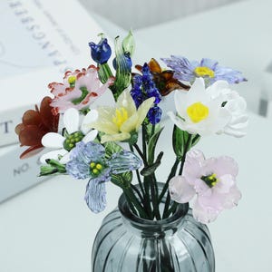 Handgefertigte Glas Geburtsmonat Blume, Glasblume Rose, Gänseblümchen, Pfingstrose, Aster, Geburtsblumenstrauß, Jahrestag & Geburtstagsgeschenk, Hochzeitsdeko