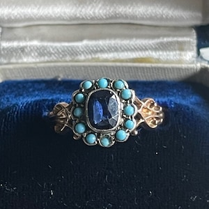 19th Century 9k Gold/Silver VICTORIAN Antique Paste SAPPHIRE & Turquoise  Ring Circa 1880&#39;s