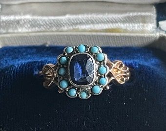 19th Century 9k Gold/Silver VICTORIAN Antique Paste SAPPHIRE & Turquoise  Ring Circa 1880's