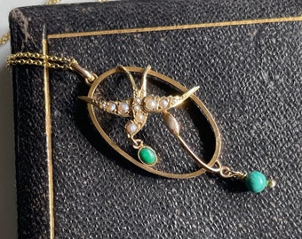 EXQUISITE Handmade Victorian ANTIQUE circa 1890 9k yellow gold pendant with Swallow BIRD and Pearls & Turquoise on a vermeil 16&quot; chain