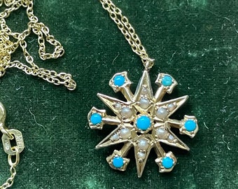 TURQUOISE & Seed Pearls ANTIQUE Pendant 15k Gold  - 18" chain