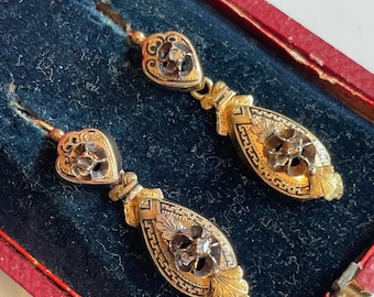 Antique 18K Gold Rose Cut Diamond Earrings with Original Box, Victorian Day/Night Dangles