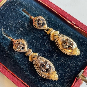 ANTIQUE 18K Victorian DAY/NIGHT Rose Cut Diamond Dangle Earrings Collectable! includes *Original Leather Box* From Spain circa 1860-80