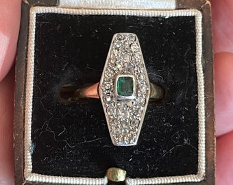 Early Art DECO ANTIQUE 14k Gold Natural Emerald and Pave' Diamond Ring - UNIQUE!!!