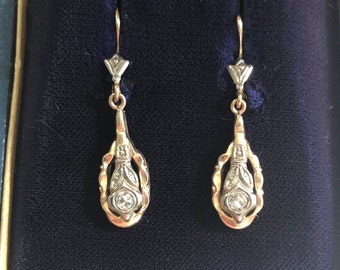 ART DECO Antique 18k AMAZING White and Yellow Gold and Diamond or Art Nouveau Earrings, Wedding Earrings, Bridal Earrings,Unique Earrings