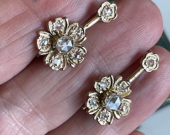 ANTIQUE VICTORIAN Incredible 14K Gold FLOWER 1ct. Rose Cut Diamond Earrings