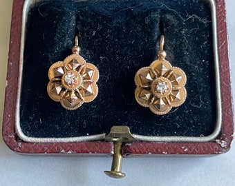 UNIQUE, Handmade Collectable & RARE 14K Gold Victorian Flower motif DIAMOND Dormeuses earrings