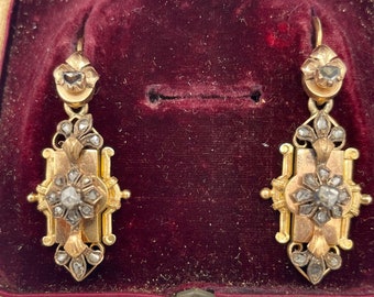 ANTIQUE *R*A*R*E* Dramatic 14K Victorian DAY/NIGHT Rose & Table Cut Diamond Dangle Earrings Collectable! *Original Box* From Spain