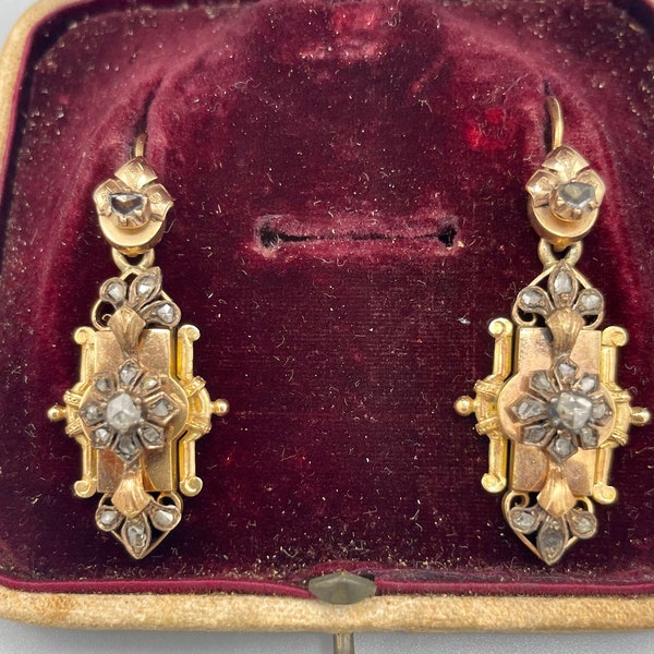 ANTIQUE *R*A*R*E* Dramatic 14K Victorian DAY/NIGHT Rose & Table Cut Diamond Dangle Earrings Collectable! *Original Box* From Spain