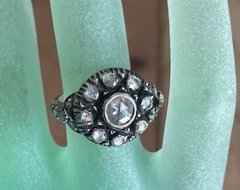 Truly E*L*E*G*A*N*T* Georgian Giardinetti 1ct + Rose Cut Dia Rosey 9k gold ANTIQUE Cluster Ring