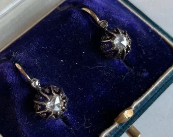 Unique FRENCH Antique late GEORGIAN or early VICTORIAN 18k rosey gold Rose cut Diamond Dormeuse earrings