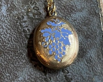 May include: A gold locket necklace with a blue and white enamel grape design.
