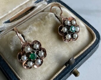 SOLD- Do not buy! Antique VICTORIAN 14k Rose GOLD Emerald & Pearl Victorian Earrings, Antique Earrings, Floral