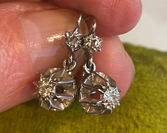 Simple & Clean Antique late *FRENCH late Victorian or EDWARDIAN* Trembleuses double DIAMOND Earrings 18k White Gold, Dormeuses Earrings