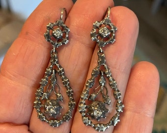 Antique Silver/9k gold wires VICTORIAN Diamond paste EARRINGS From Paris FRANCE