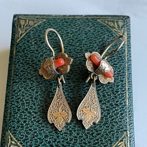 ORNATE, Feminine and delicate Victorian Genuine CORAL Etruscan Revival  ANTIQUE 14k Maple Leaf Gold Earrings