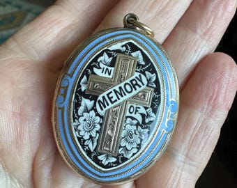 Victorian 9K Gold Enamel Locket, Ornate Cross Shield