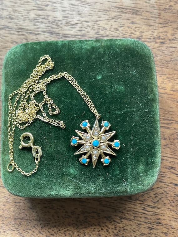 TURQUOISE & Seed Pearls ANTIQUE Pendant 15k Gold  