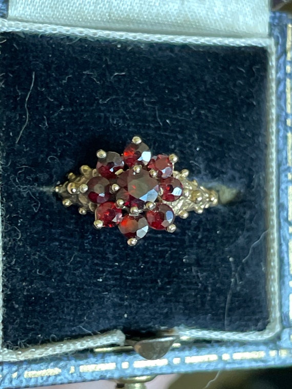 Vintage Genuine Red GARNET 9k GOLD Cluster Ring C… - image 1