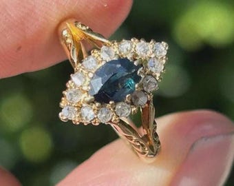 18k Gold Edwardian Antique Natural SAPPHIRE & Old Cut Diamond Ring