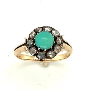 TURQUOISE 14k Rose Gold ANTIQUE Victorian Cluster Ring, 1/2ct. Rose Cut diamonds