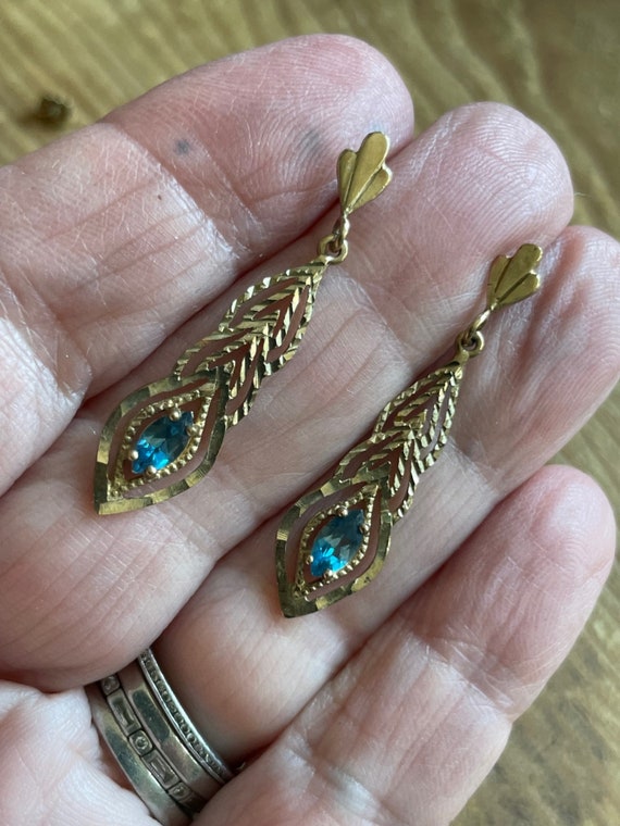 VINTAGE 9K Gold Blue TOPAZ drop Antique Style earr