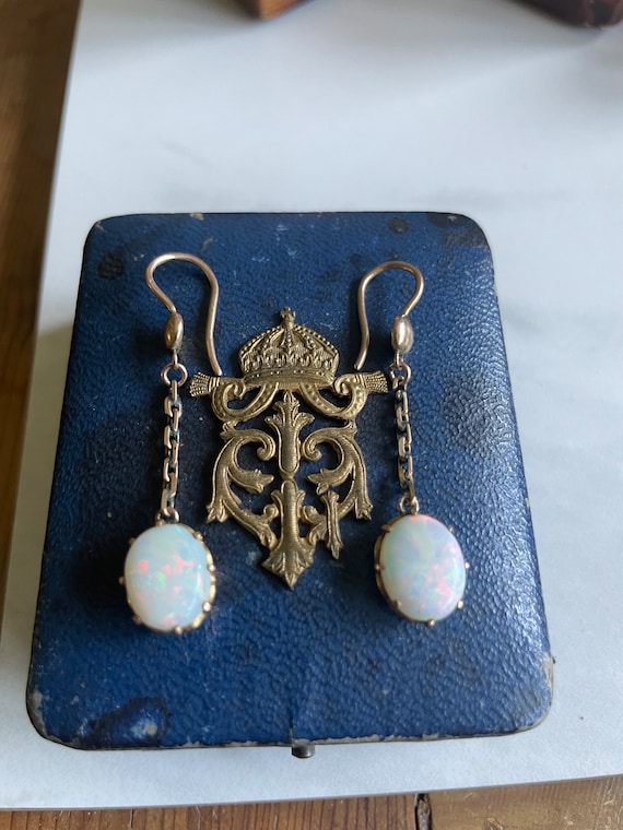 Victorian Style Vintage 9K Gold OPAL Earrings, Un… - image 1