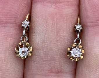 CLASSIC ~Antique Victorian~ 18K gold FRENCH dormeuse dangle Old Cushion Cut DIAMOND earrings, Trembleuse sleeper