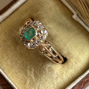 French SPECTACULAR Antique Victorian 18k Gold EMERALD & DIAMOND Ring image 7