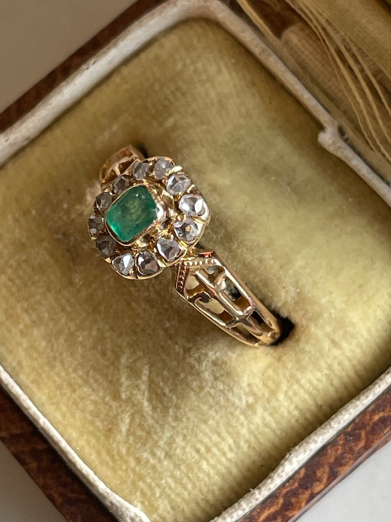 French SPECTACULAR Antique Victorian 18k Gold EMERALD & DIAMOND Ring image 7