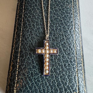 Victorian 15k gold Pearl CROSS / Enamel Handmade Pendant *RARE* Collectors Item , 18&quot; chain, Unique!!!