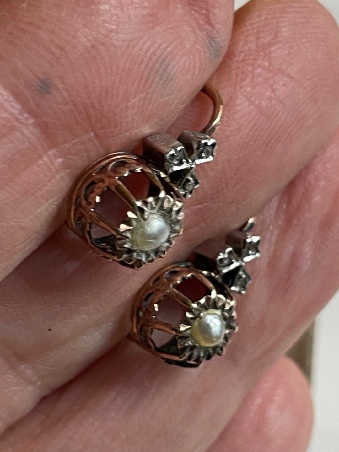 Boucles D'oreilles Pendantes Or 18K Victorian - Perles - Style Napoléon III Dormeuses - Antique