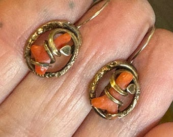 Antique Unique Handmade late VICTORIAN 14k genuine CORAL Branch Dormeuses Earrings