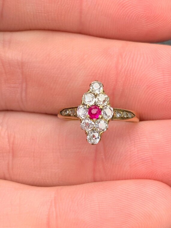 French VICTORIAN Antique RUBY Diamond 18k Navette 