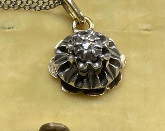 Victorian ROSE CUT foil backed Diamond Pendant 18k Gold/Silver *RARE* - 18" Silver chain