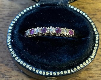 9k Gold Vintage VICTORIAN Style RUBY and Diamond 1/2 Eternity Ring, stacking ring