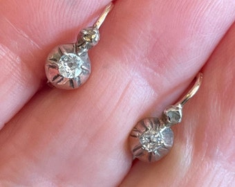 Petite Late GEORGIAN or Early VICTORIAN era 14K Gold Cushion Cut Old Diamond Dormeuses