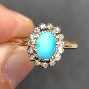 LOVELY Petite Turquoise 9k GOLD ANTIQUE Victorian Ring, Matrix Turquoise & Rose Cut Diamonds