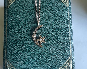 Antique Victorian 10K gold Conversion Pendant Moon Star Pearl Necklace, Moon necklace,