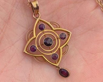 UNIQUE & COLLECTABLE 9k Victorian, Art Nouveau Amethyst ANTIQUE Pendant with 18&quot; Vermeil chain