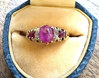 Victorian 18k Gold Pink Ruby Diamond Ring, Filigree Size 6.25