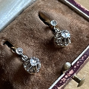 ANTIQUE FRENCH VICTORIAN era 18K Gold Old European cut .45ct. Rose Cut Diamond Dormeuses Earrings,Trembleuse sleeper
