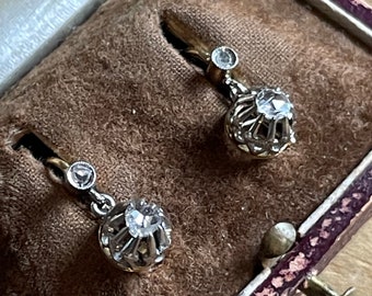 Antique 18K Gold Rose Cut Diamond Earrings, Victorian Trembleuse Dormeuses