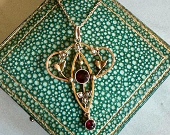 Antique Victorian Garnet Pendant, Seed Pearl 9k Gold Chain, Handmade UK Jewelry