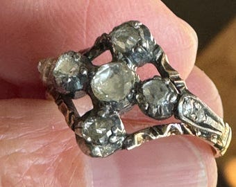 Georgian Era Rose Cut Diamond Ring, 15k Gold Silver, Rococo Style