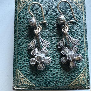 ANTIQUE VICTORIAN 14K Gold/ Silver FLOWER Rose Cut Diamond Earrings over 1ct.