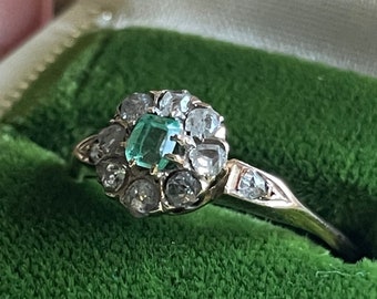 Early Victorian P*E*T*I*T*E* Genuine Emerald & Old Cut Diamond Ring 19th Century 14k Gold - Small and Stunning!