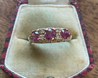 VICTORIAN Antique RUBY & Diamond 9k Gold Filigree Ring, alternate wedding ring, stackable ring