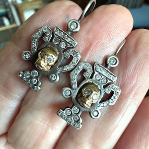 Rare! *COLLECTABLE* Antique Georgian ~MEMENTO MORI~ 14k & Silver and Diamond Skull Earrings, Collectible, skulls